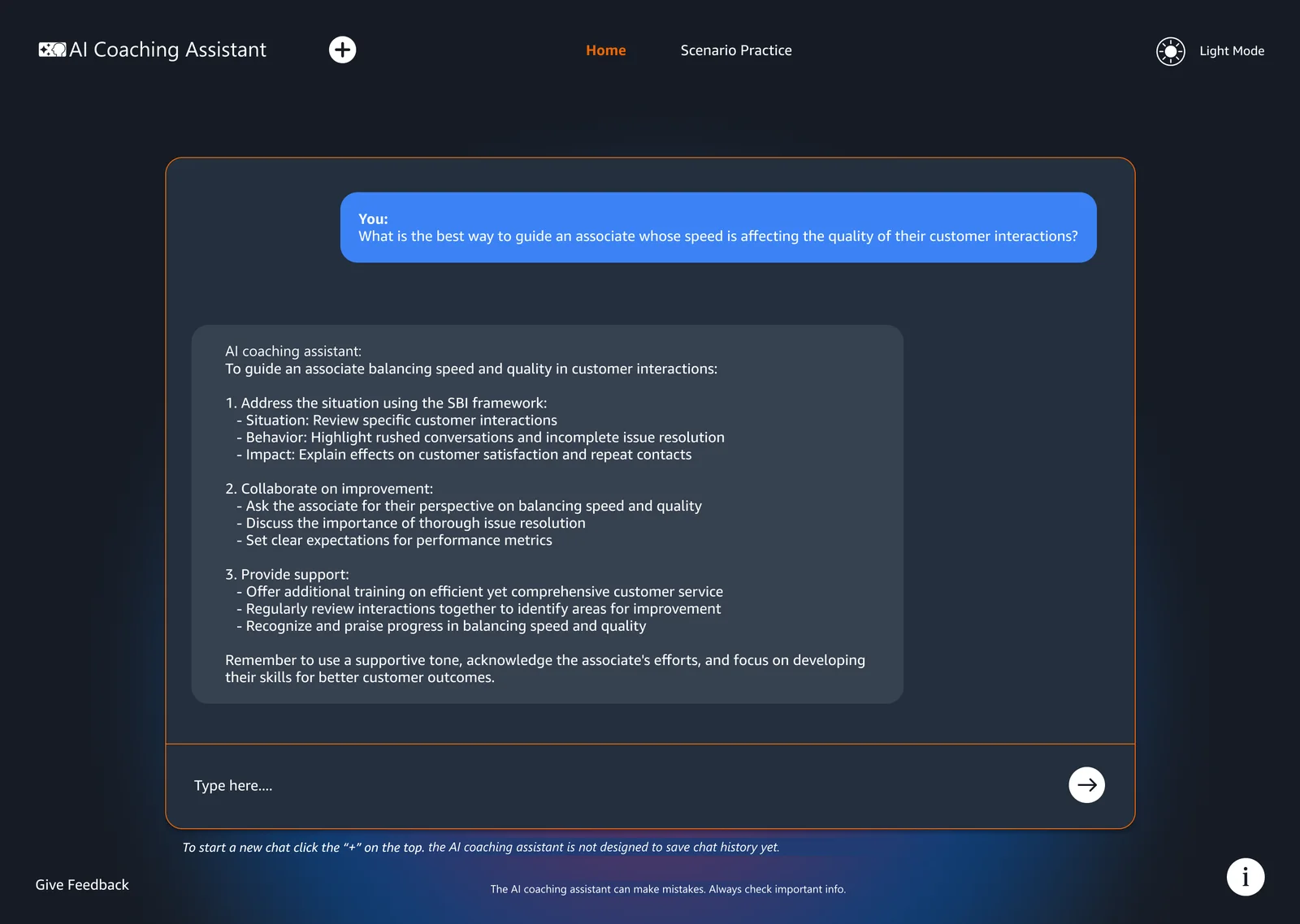 AI coaching assistant answer screen in dark mode