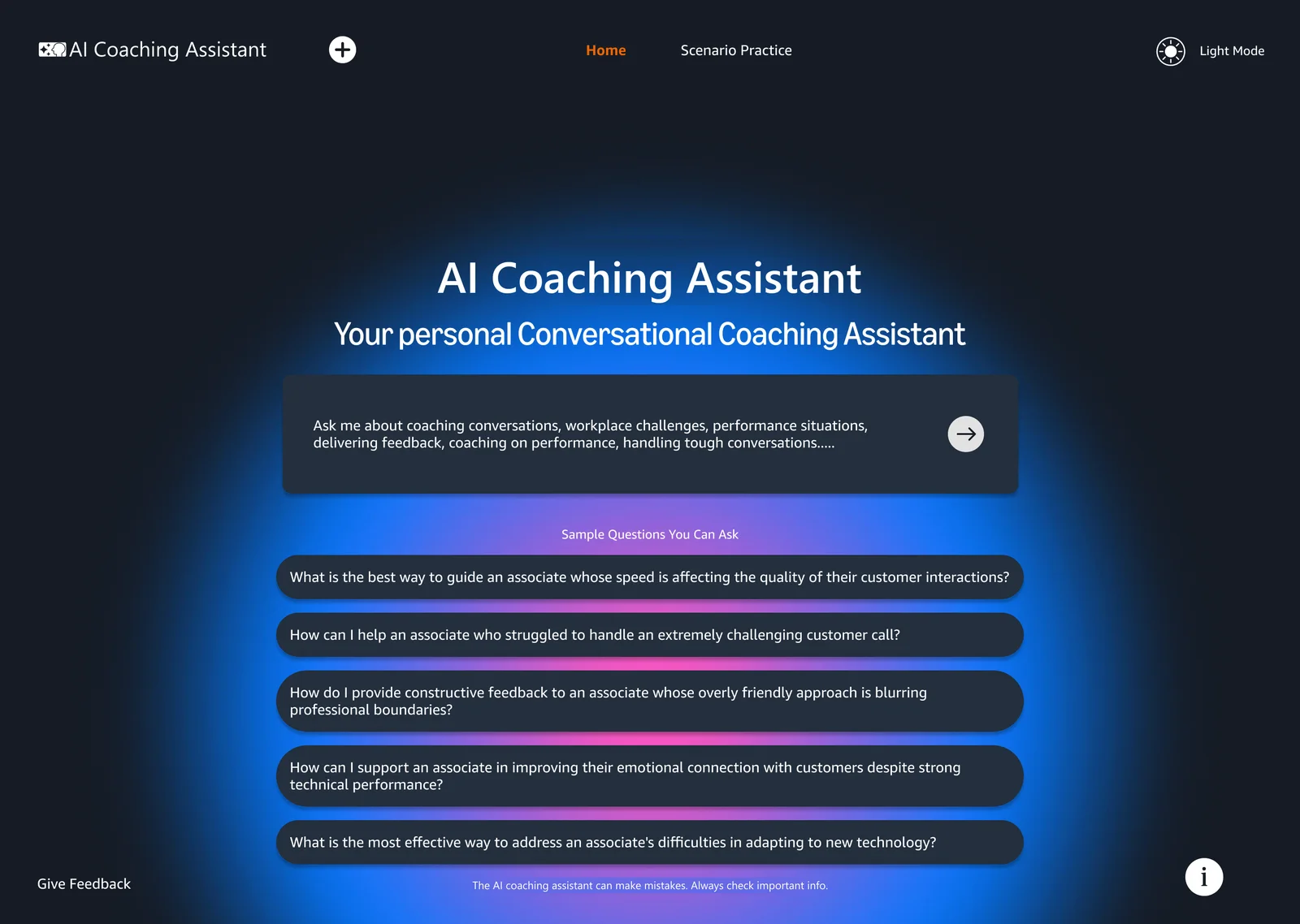 AI coaching assistant home screen in dark mode