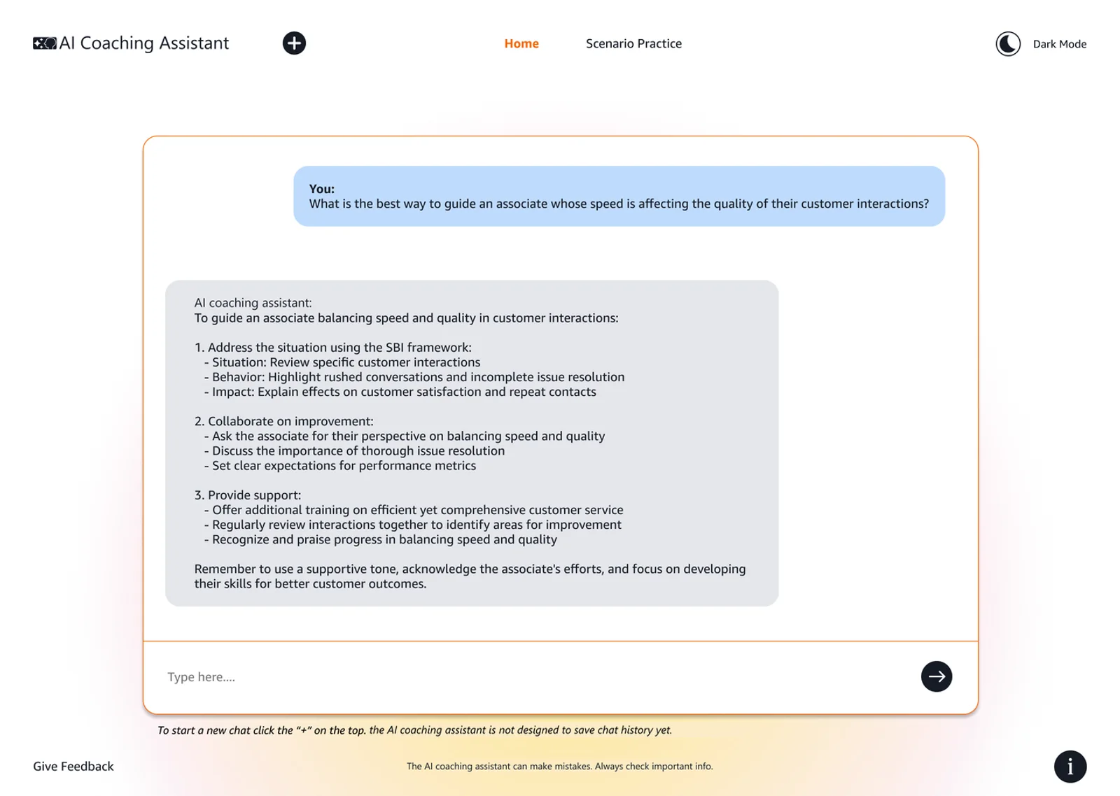 Manager asks the AI coaching assistant how to address speed affecting customer-interaction quality