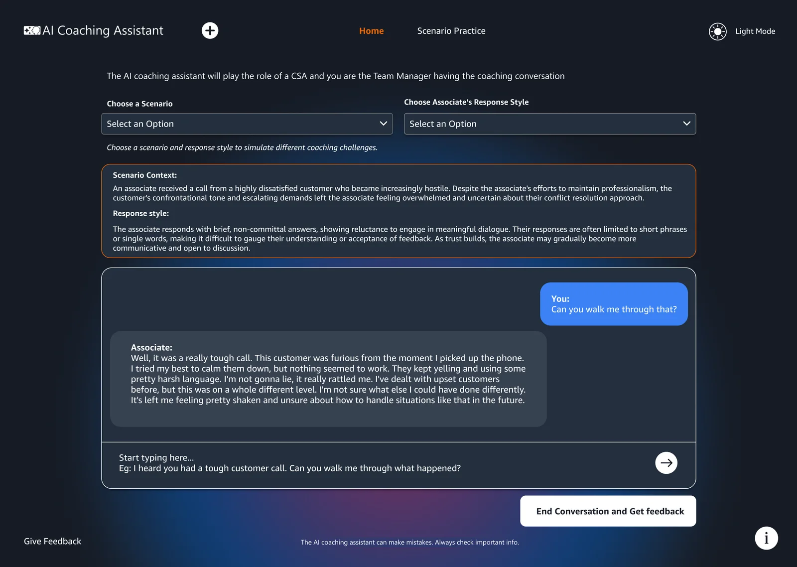 Scenario practice screen in dark mode