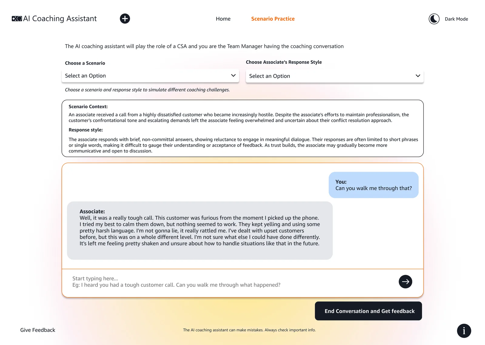 Scenario practice screen with scenario and response-style selectors