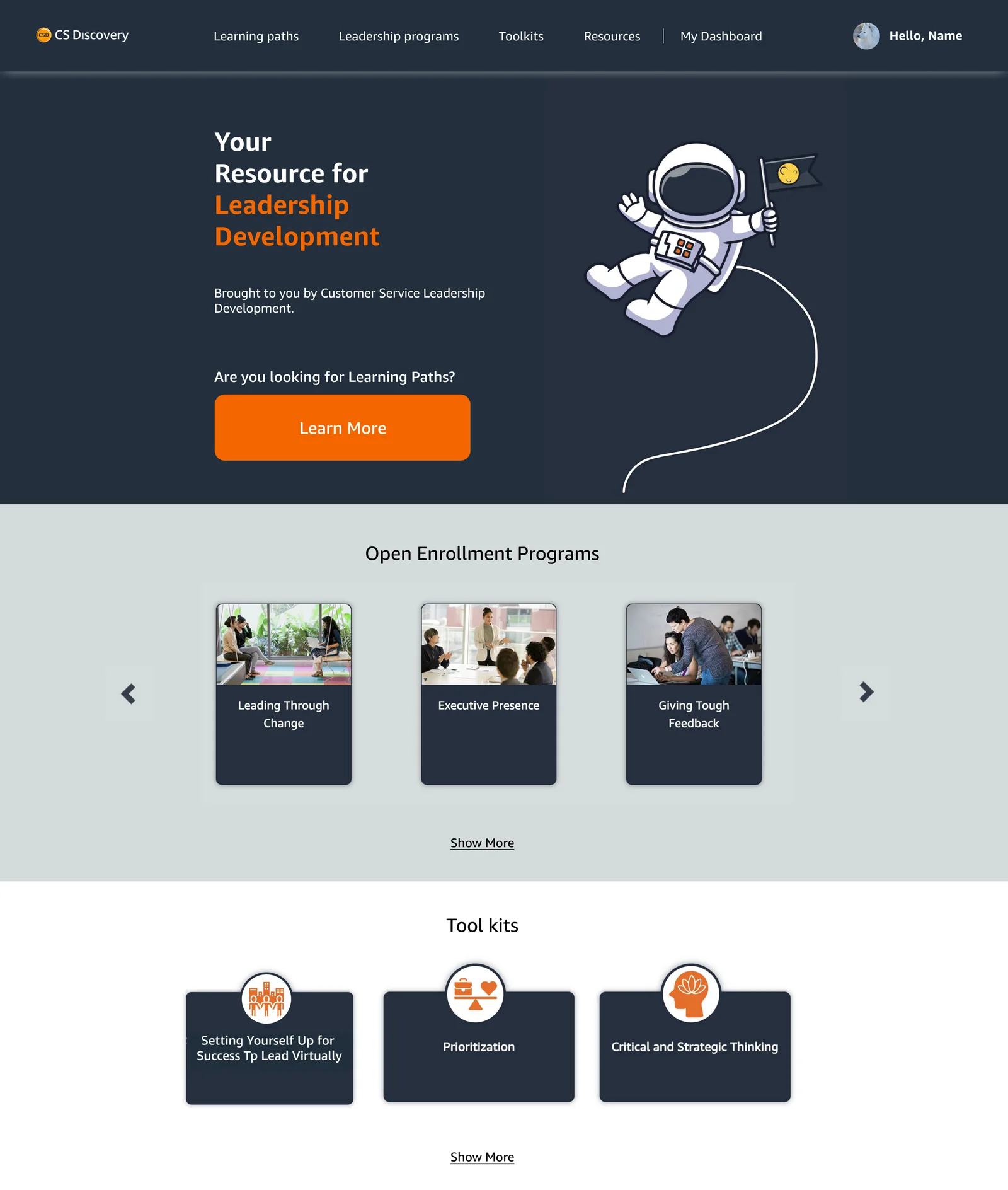 Discovery home page with a hero, open enrollment programs and toolkits