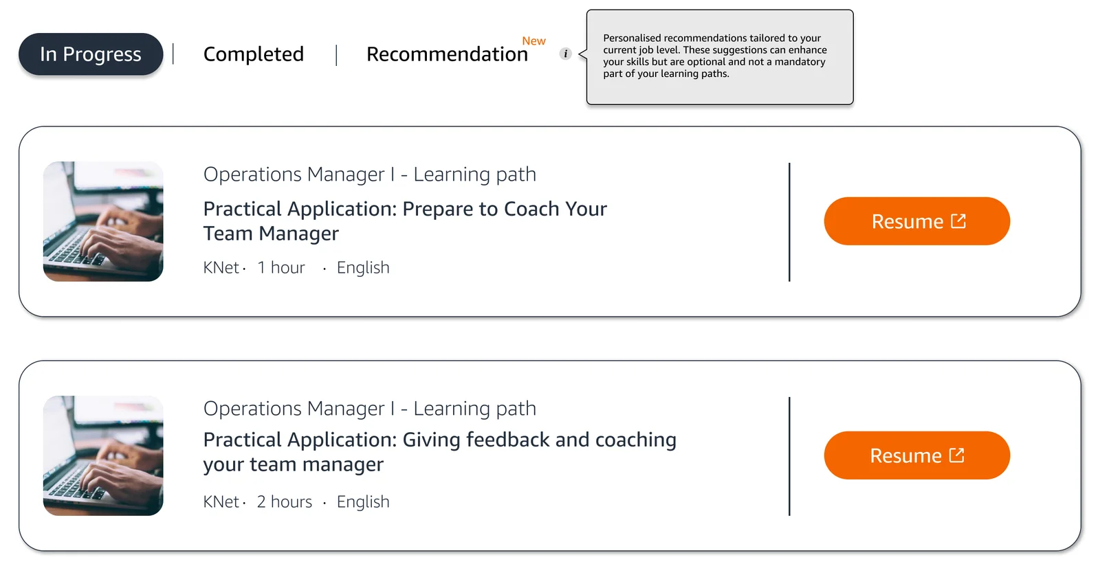 In Progress, Completed, and Recommendation tabs above two in-progress learning activities, each with a Resume button