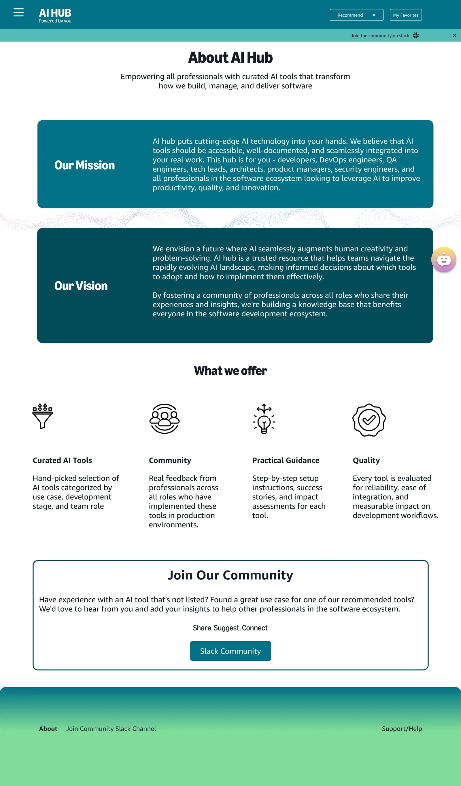 About page with mission, vision and four offerings: curated AI tools, community, practical guidance and quality