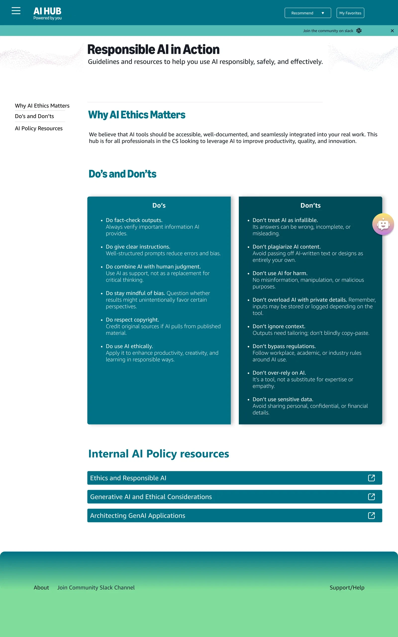 Responsible AI page with why AI ethics matters, do’s and don’ts, and AI policy resource links