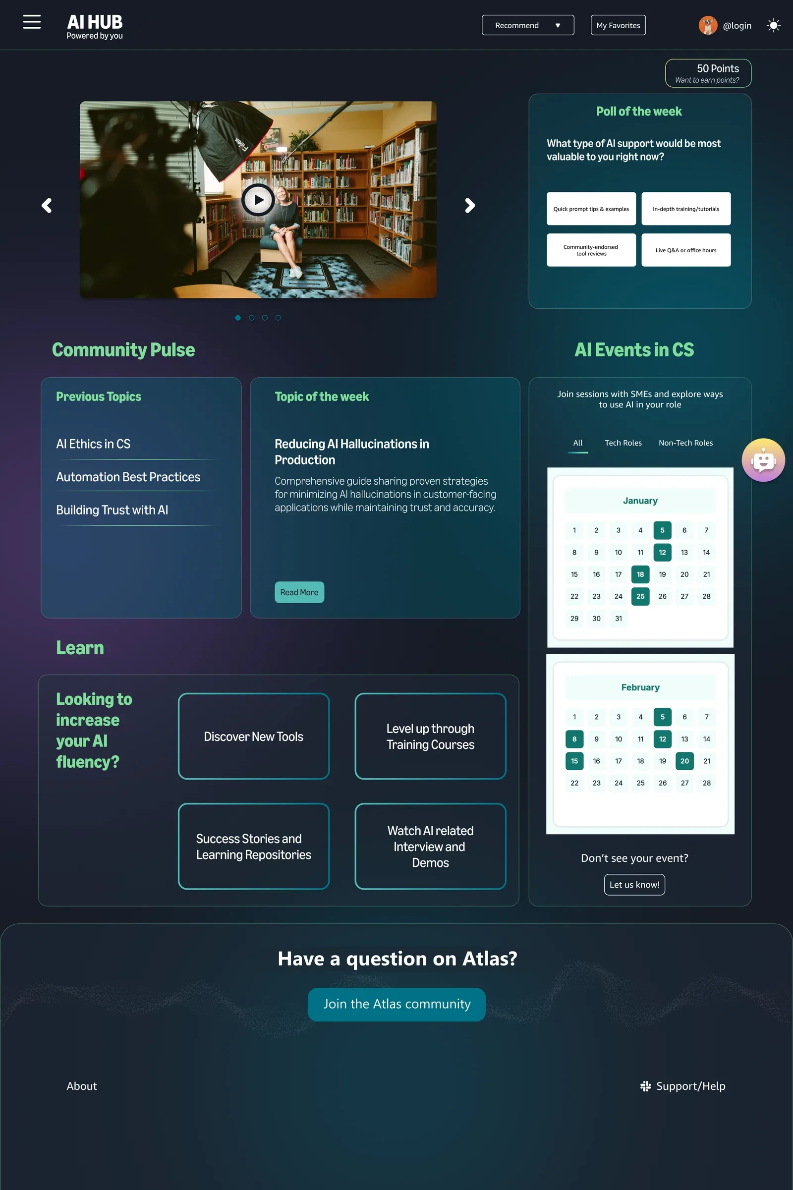 Dark home page with a video, poll of the week, community pulse, AI events calendar and learning links