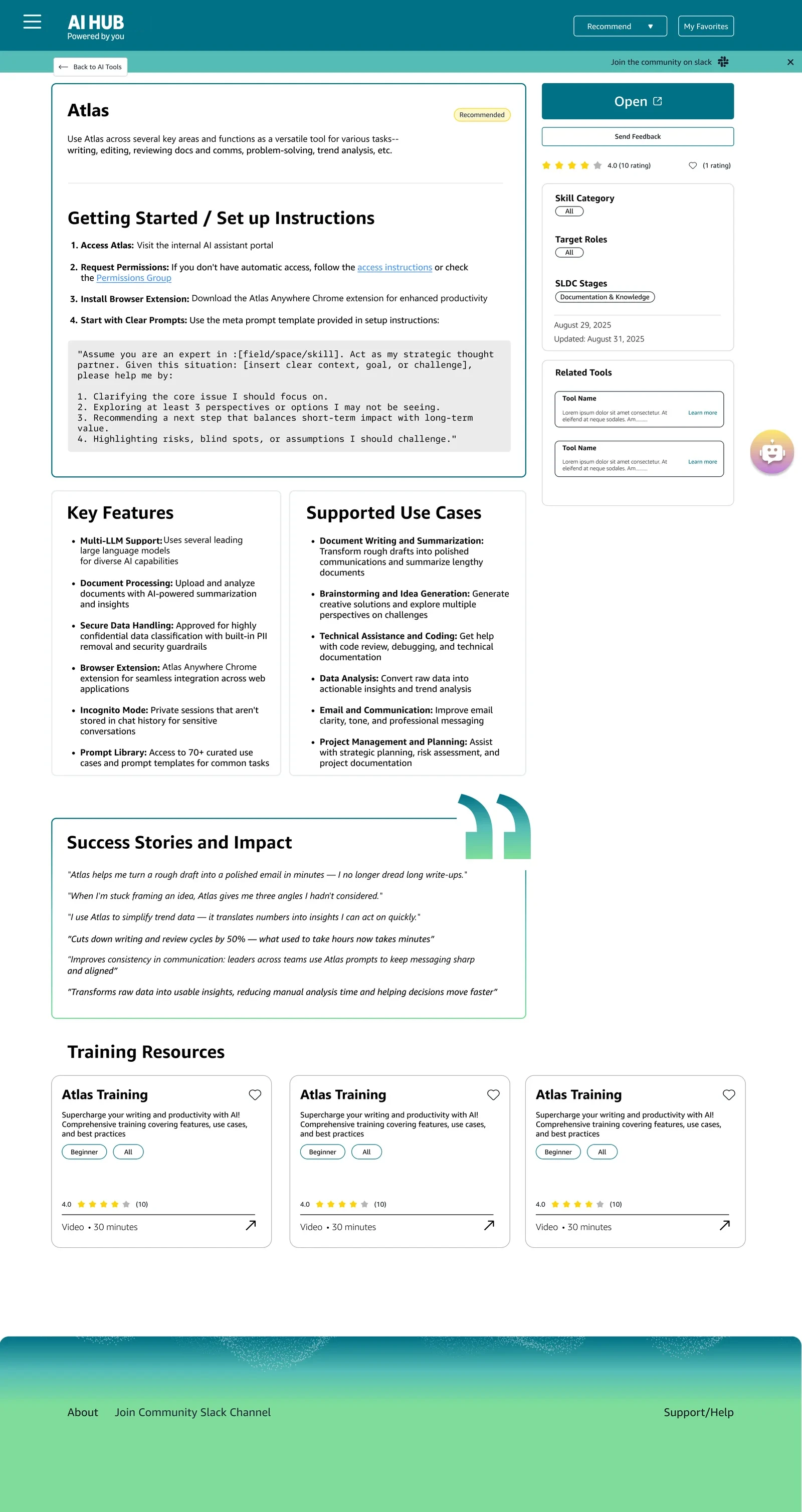 Tool page with setup instructions, key features, supported use cases, success stories and training resources