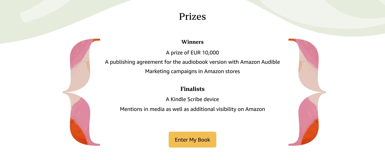 Prizes section listing what winners and finalists receive, with an Enter My Book button