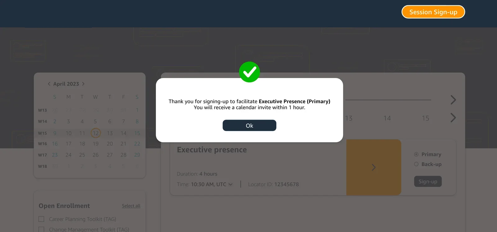 Sign-up confirmation thanking the facilitator and saying a calendar invite will arrive within an hour