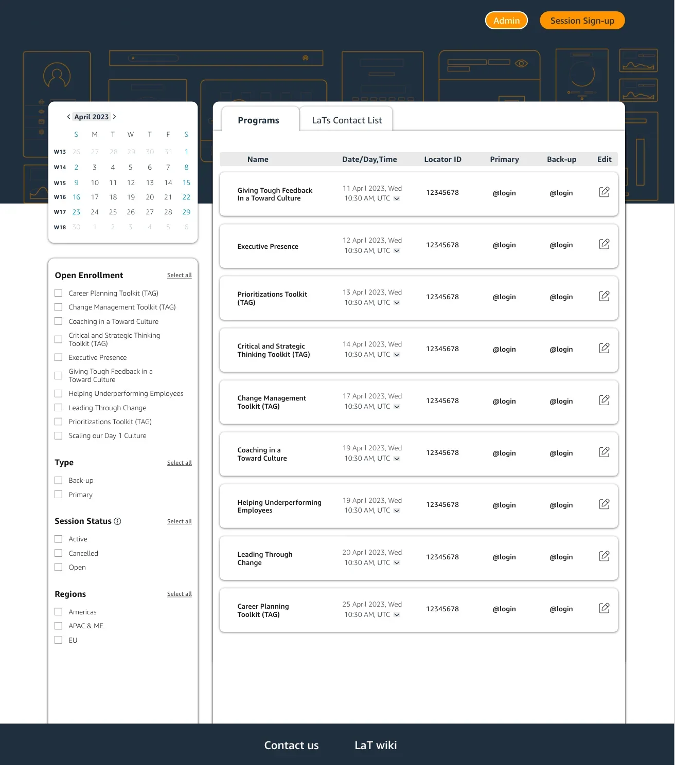 Final admin page with filters and a table of sessions and facilitator logins