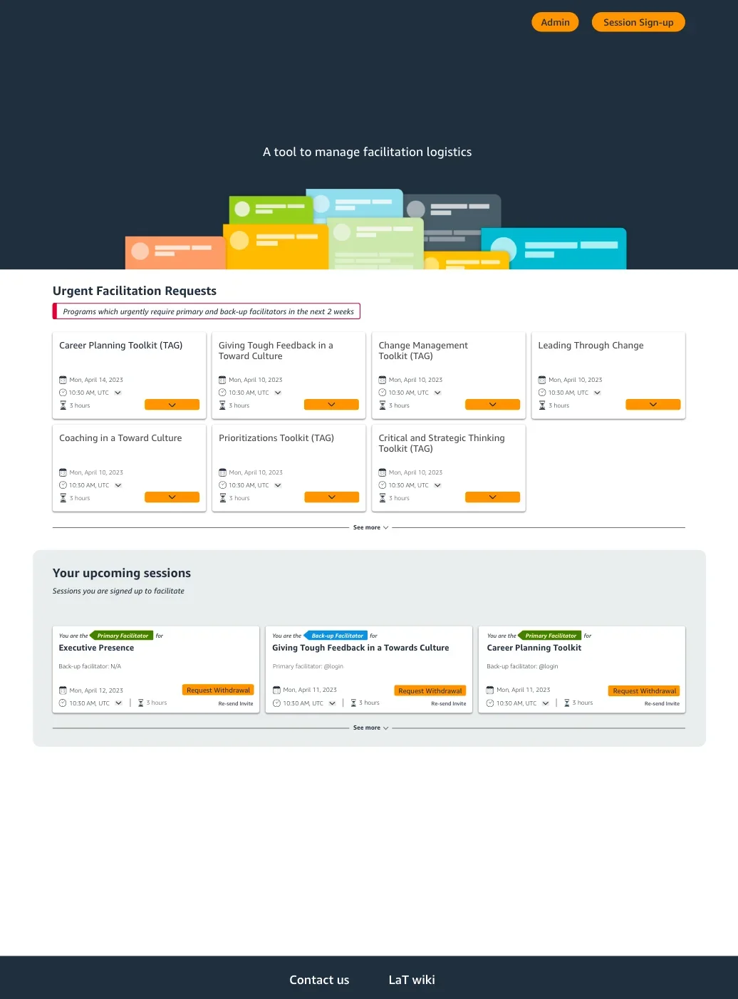Final home page with urgent facilitation requests and upcoming sessions