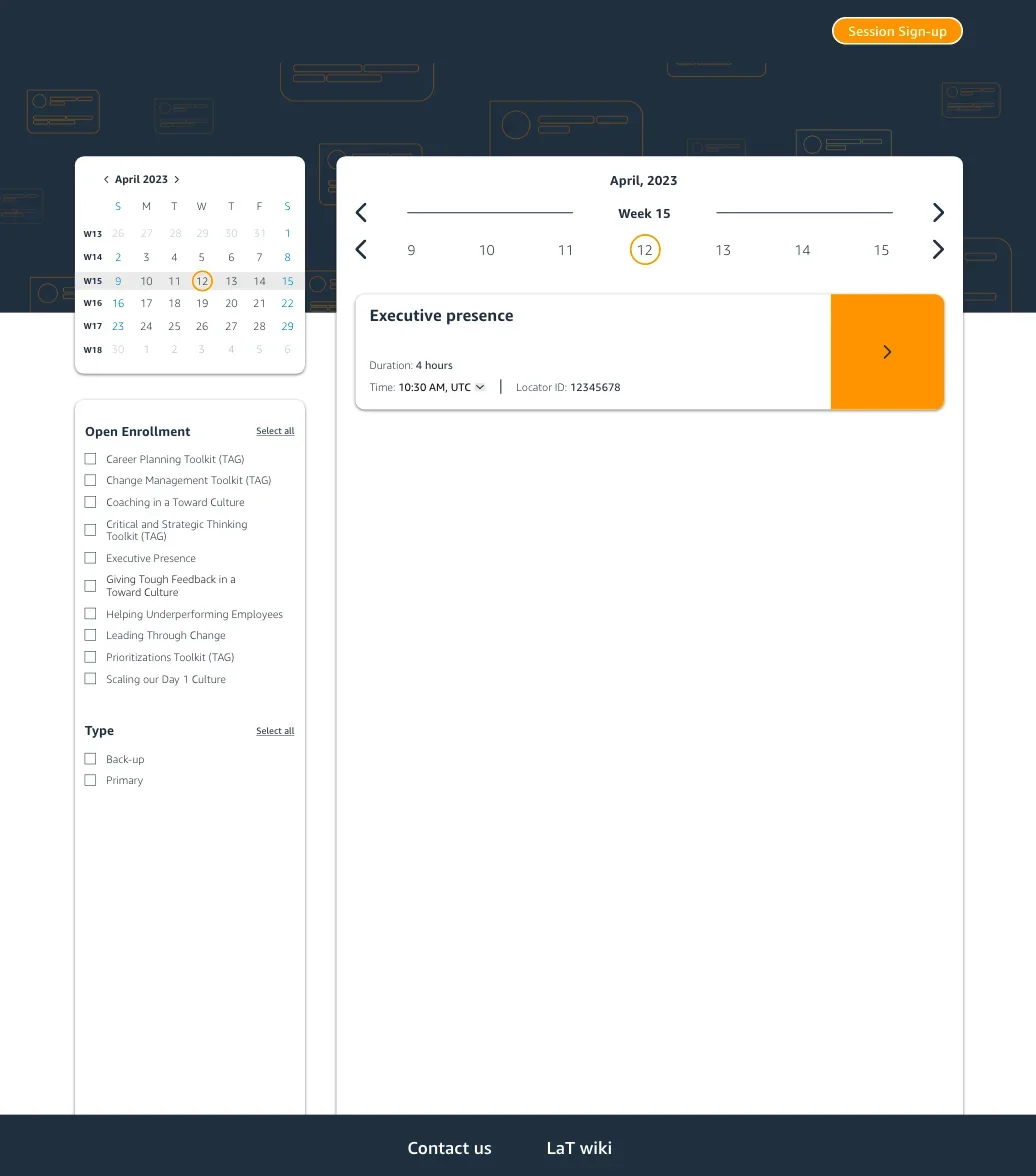 Final session sign-up page with a monthly calendar and program filters
