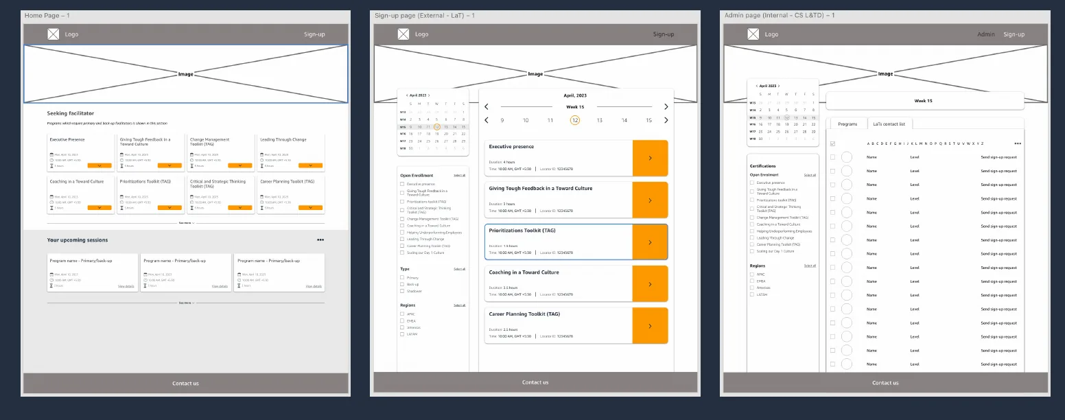 Low-fidelity wireframes of the home, sign-up and admin pages