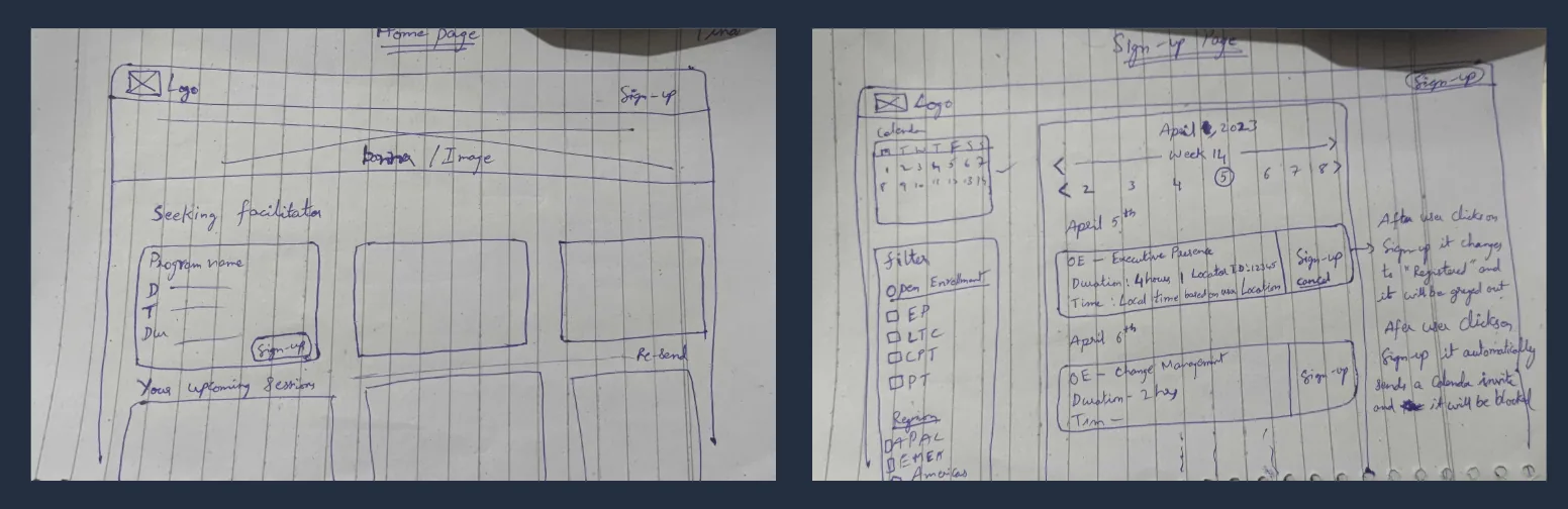Hand-drawn sketches of the home and sign-up pages