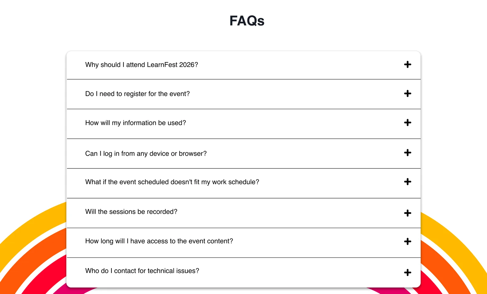 FAQs section with expandable questions