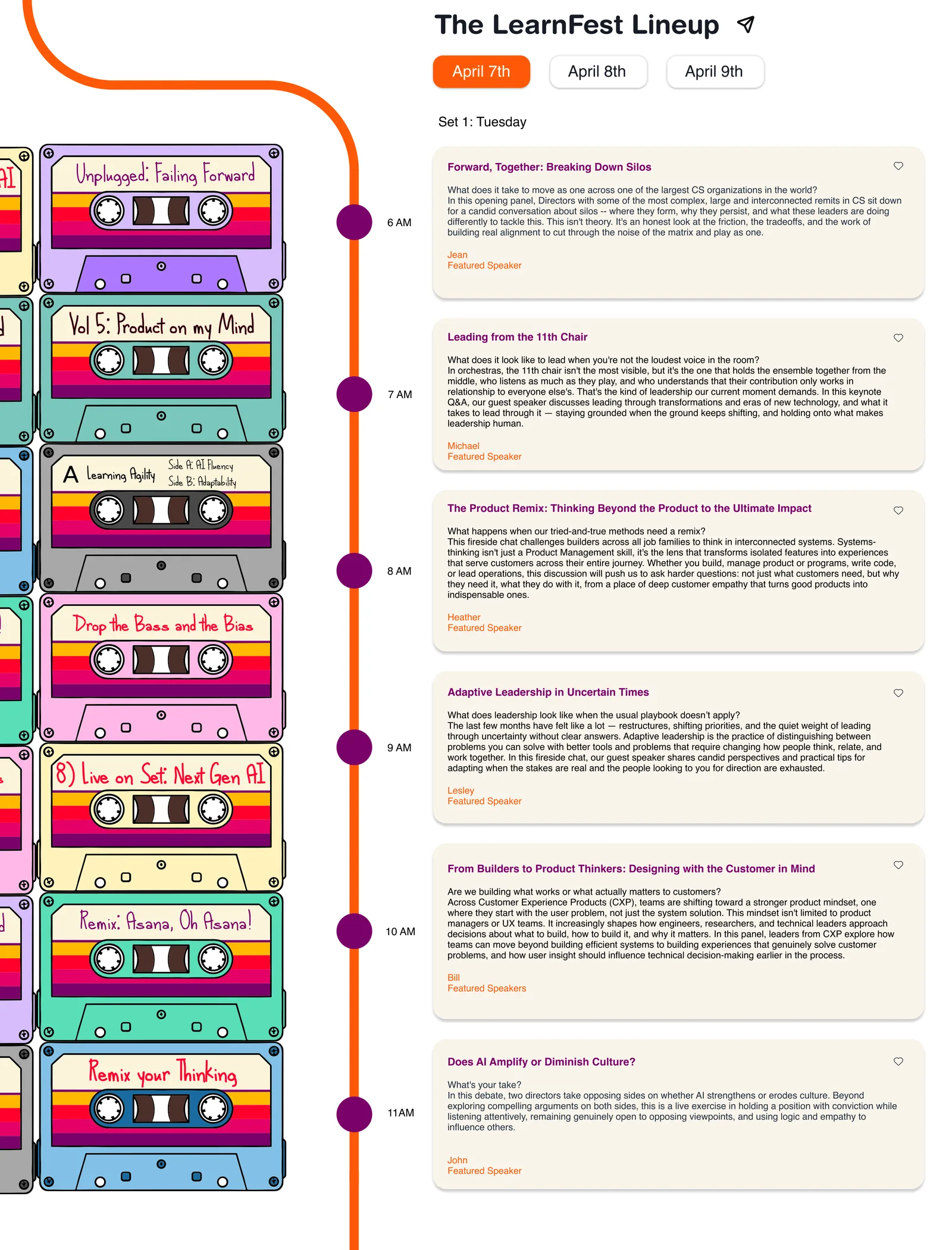 The LearnFest lineup, with day tabs, a timeline of sessions, and cassette-style cards